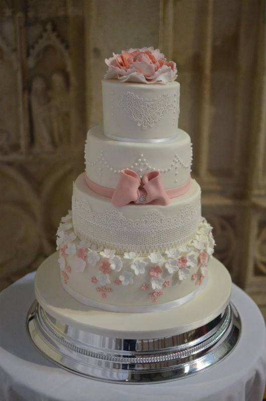 Blush pink & ivory wedding cake at Highcliffe Castle