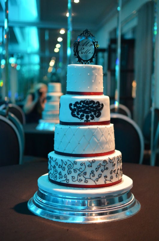Black red & white wedding cake at The Cumberland Hotel.