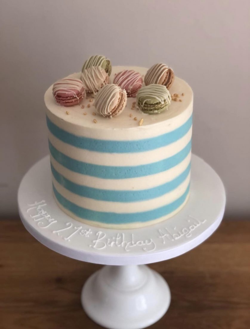 Stripes & Macarons birthday cake