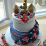 2 tier unicorn with matching cupcakes