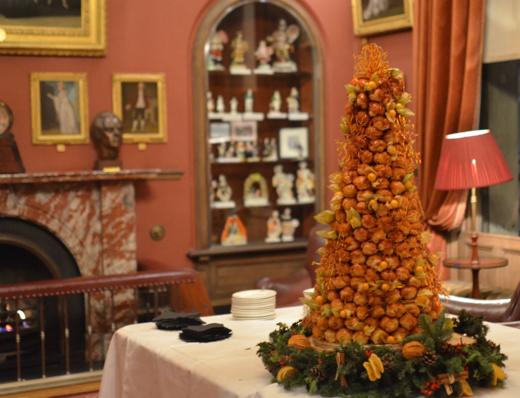 Christmas croquembouche Piece Montee with toffee snowflakes at The Garrick Club Covent Garden.