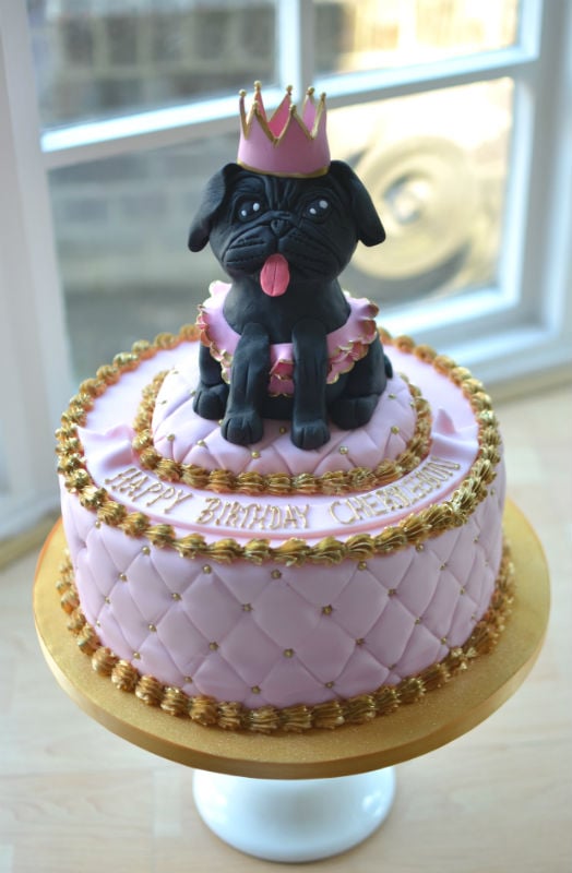 Pug pink & gold birthday cake
